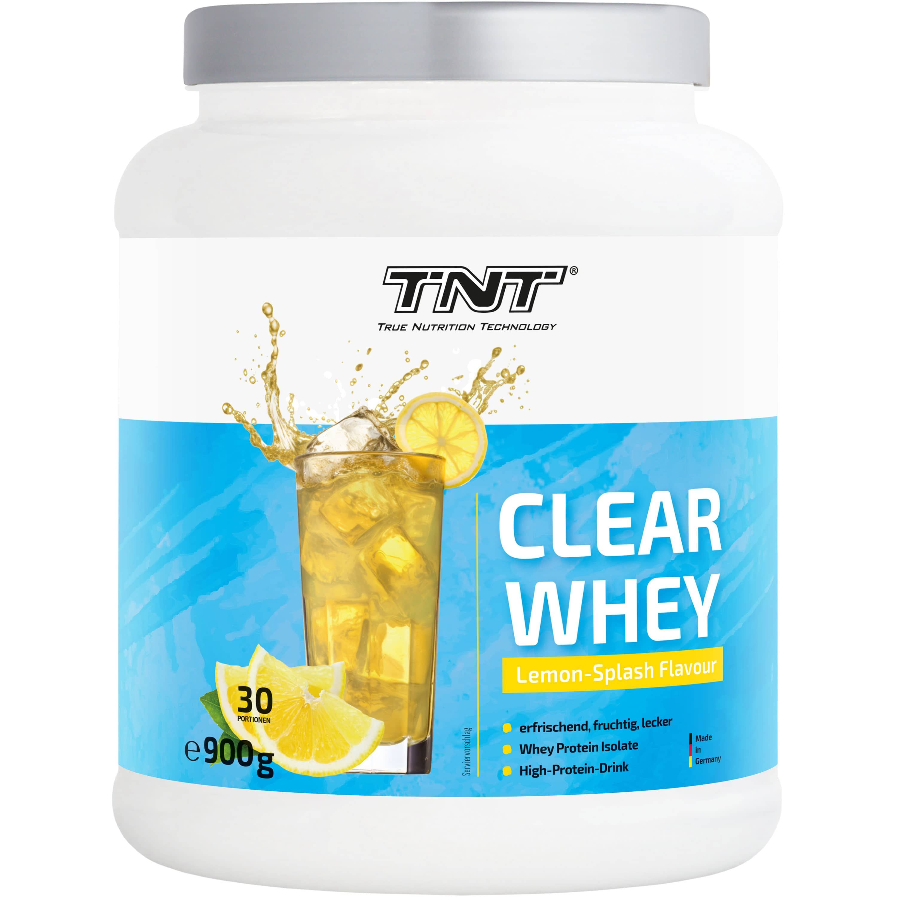 Weißes TNT Clear Whey-Proteinpulver-Behälter mit blauem Etikett. Abbildung eines Getränks mit Zitrone. Text: Clear Whey, Lemon Splash Flavour.
