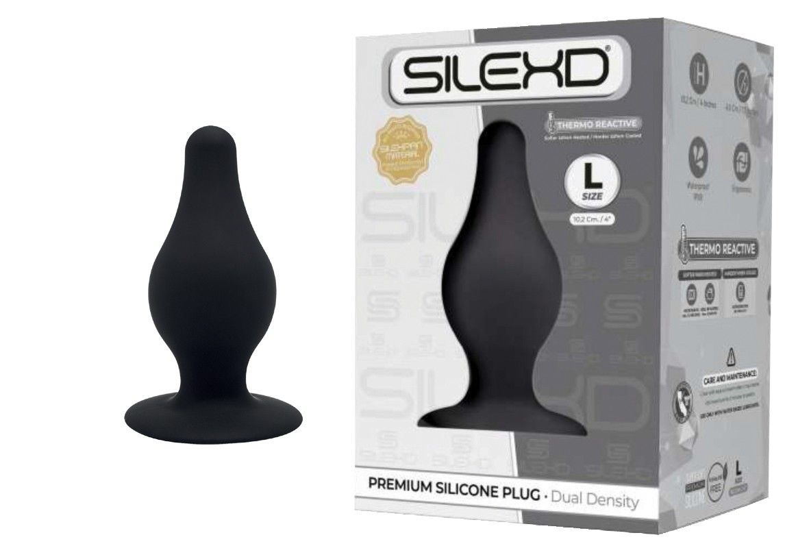 Produktverpackung und schwarzer Silikon-Plug. Marke SILEXD, Größe L. Produktname: Premium Silicone Plug.