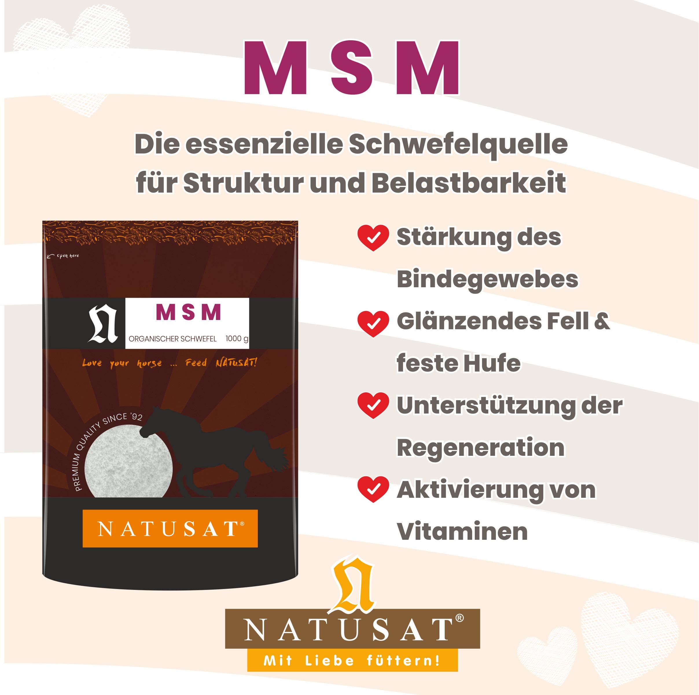 Natusat MSM: Essentielle Schwefelquelle für Pferde. Stärkt Bindegewebe, Fell und Hufe. Unterstützt Regeneration.