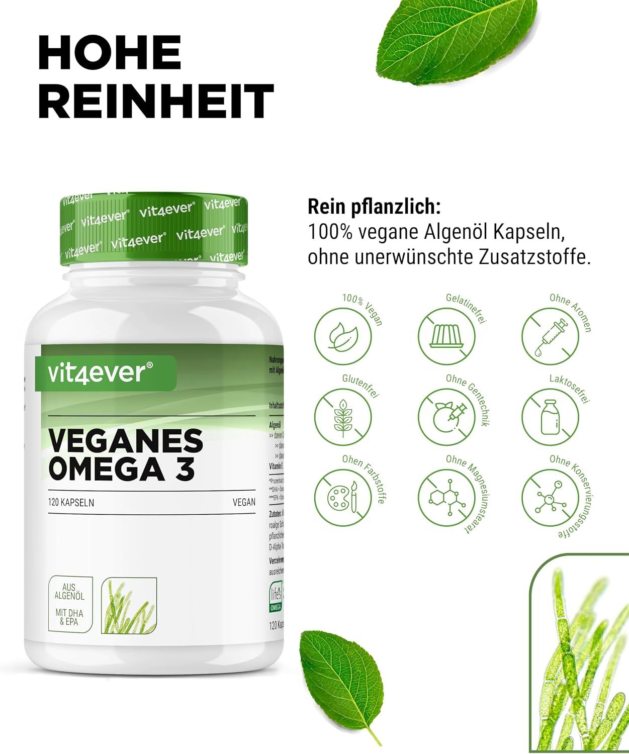 Vit4ever veganes Omega 3: Hohe Reinheit, 100% vegane Algenöl Kapseln.