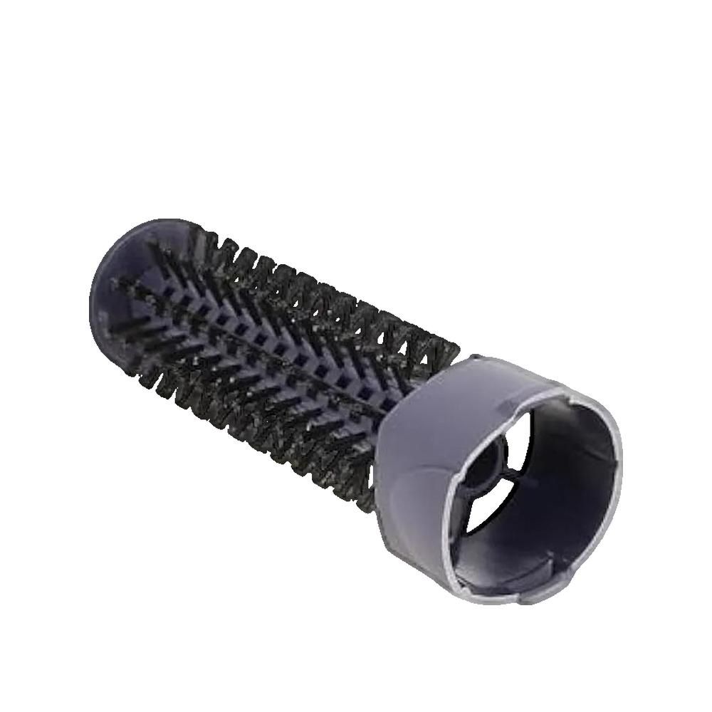 Bürstenaufsatz mit schwarzen Borsten und grauem Gehäuse. Zylindrische Form. Detailaufnahme.