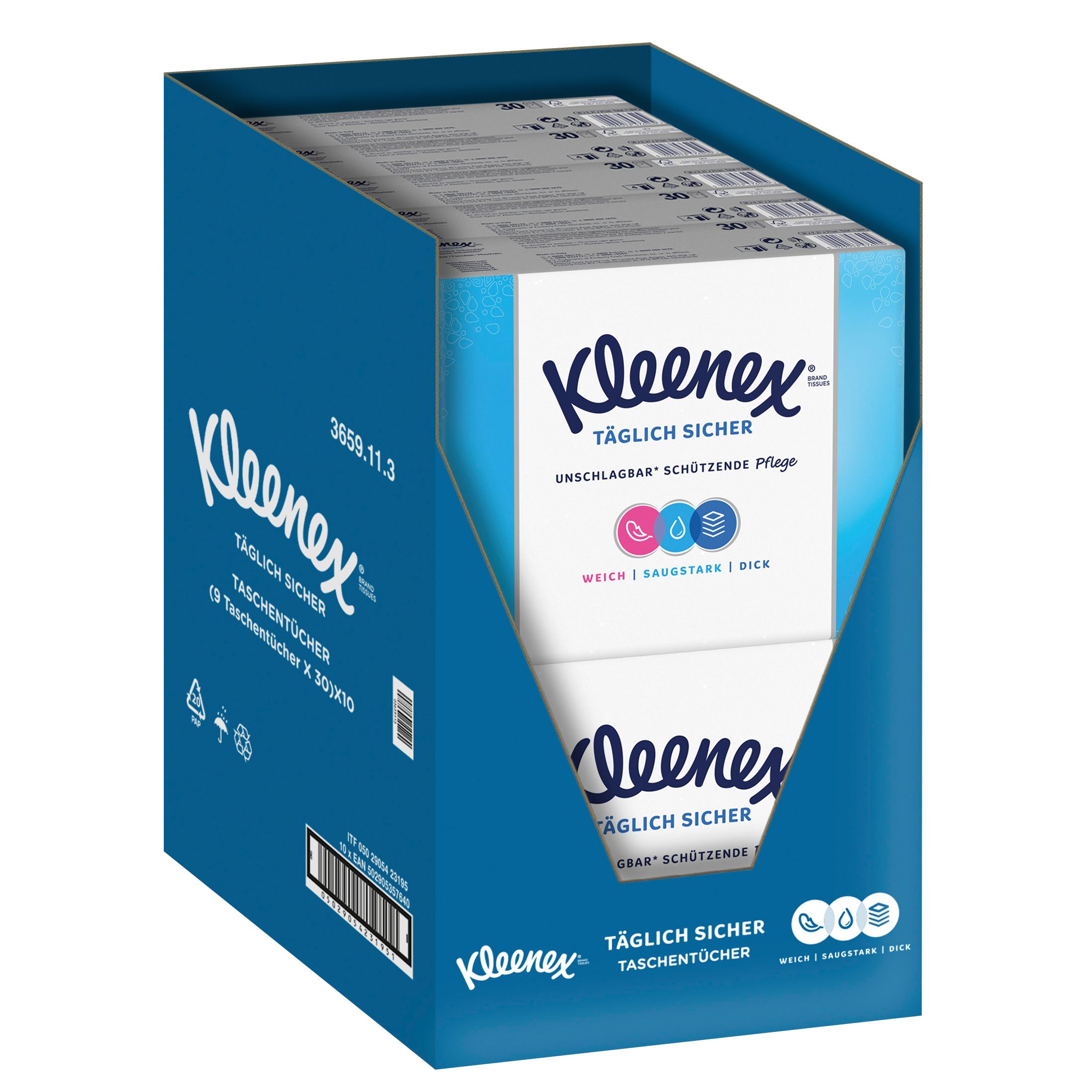 Kleenex-Taschentücher-Box. Blaue Verpackung mit mehreren Packungen. Aufdruck: Kleenex, Täglich Sicher, Logos und Text.