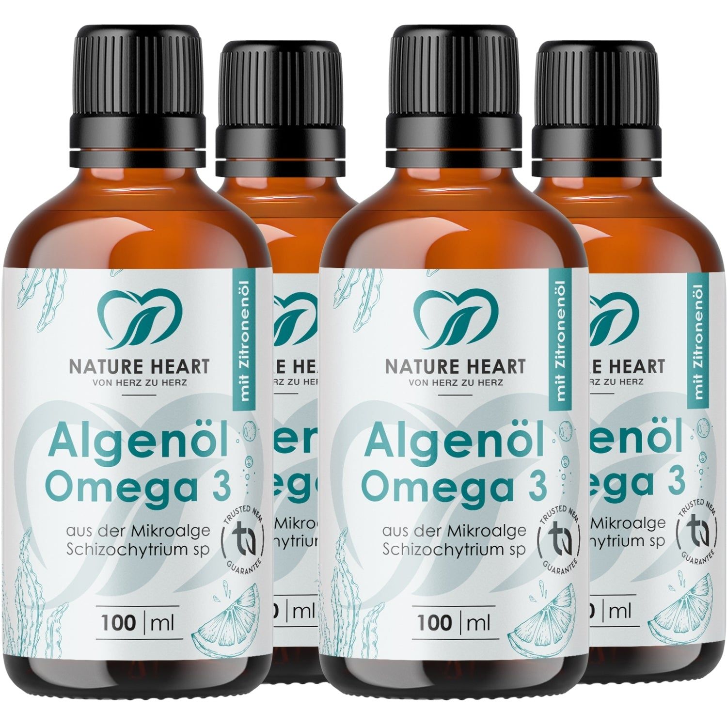Vier Flaschen Nature Heart Algenöl Omega 3, je 100 ml, mit Zitrone.