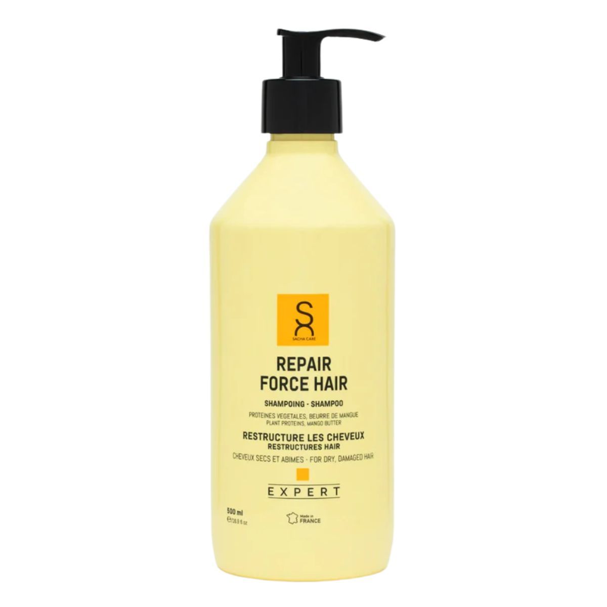Gelbe Flasche mit schwarzem Pumpverschluss. Aufschrift: Repair Force Hair, Shampooing, Restructure les cheveux. Expert-Logo. 1000 ml.