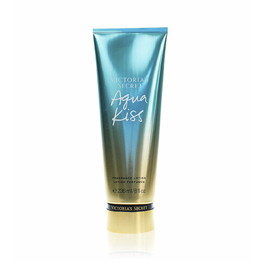Körperlotion-Tube, blau-goldener Farbverlauf. Aufschrift: Victoria's Secret Aqua Kiss, 236 ml.