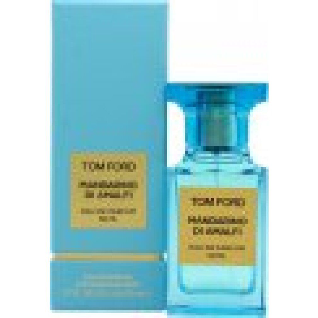 Hellblaues Parfumflakon und Schachtel. Auf Etiketten: Tom Ford Mandarino di Amalfi, Eau de Parfum, 50 ml.
