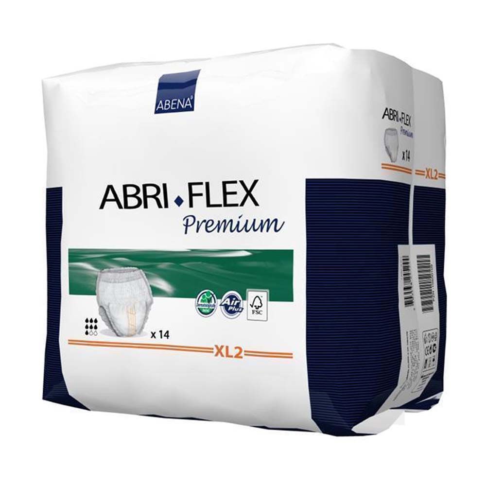 Verpackung mit Inkontinenzprodukten. Aufschrift: Abena Abri-Flex Premium, XL2. Mit Air Plus und FSC-Siegel.