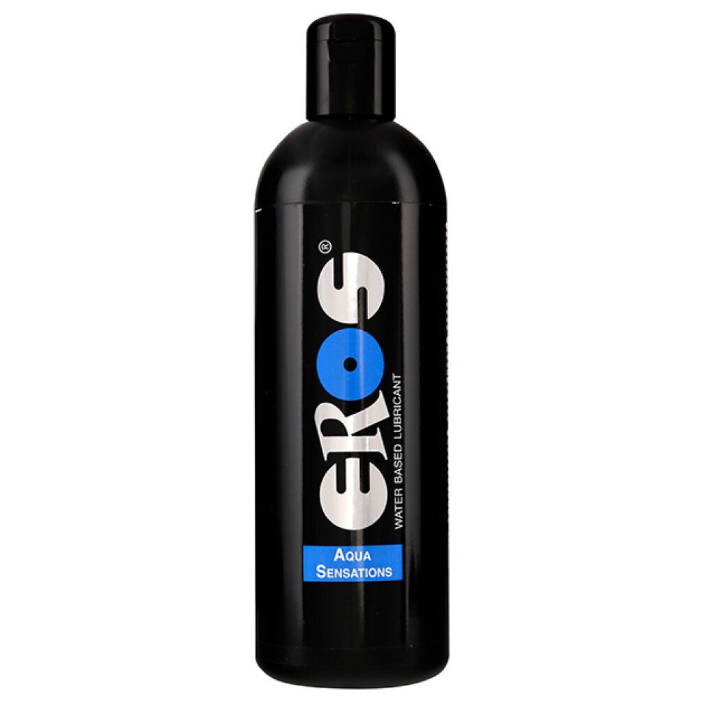 Schwarze Flasche mit weißem "Eros"-Logo und blauem Kreis. "Aqua Sensations" und "Water Based Lubricant" sind ebenfalls sichtbar.