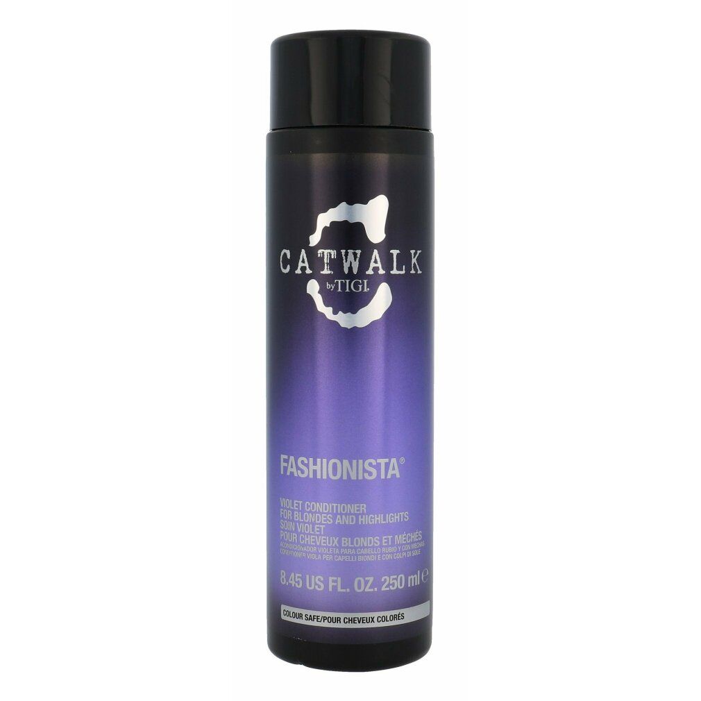 Violett Conditioner. Schwarze Flasche mit lila Farbverlauf. Schriftzug: CATWALK by TIGI, Fashionista. 250ml.