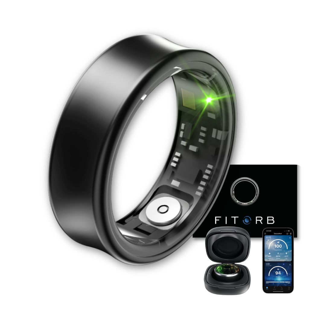 Schwarzer Ring mit grüner LED. Inklusive Ladestation, Verpackung und Smartphone mit App-Anzeige. Marke: FITORB.