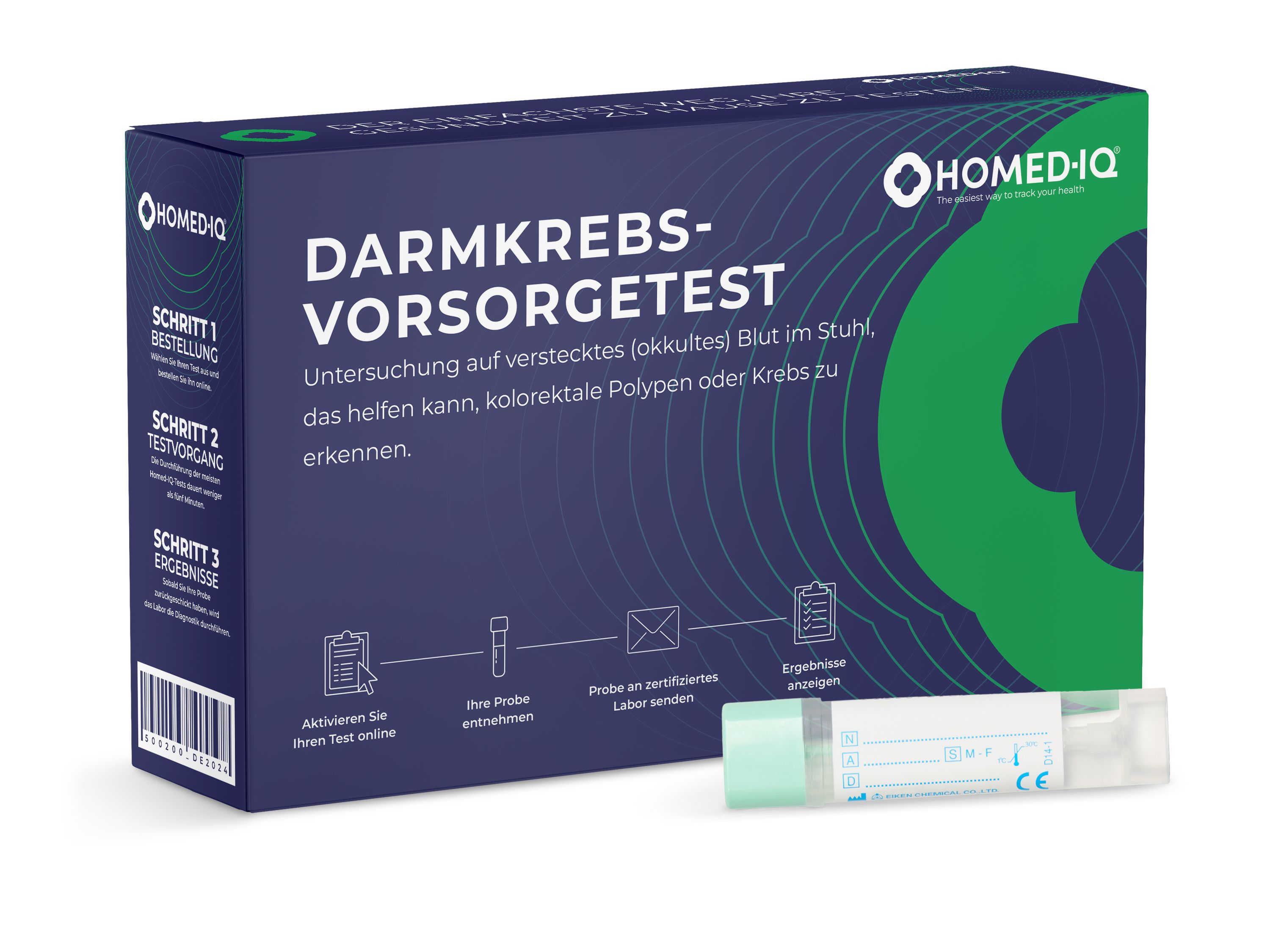 Dunkelblaue Schachtel mit grünem Akzent. Aufschrift: Darmkrebs-Vorsorgetest. Logo: Homed-IQ. Enthält Teströhrchen. Text in Deutsch.