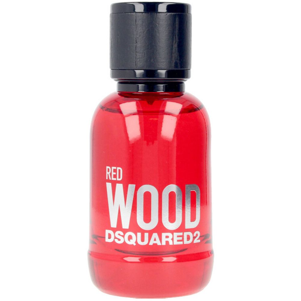 Roter Flakon mit schwarzem Verschluss. Auf dem Flakon: Schriftzug RED WOOD, DSQUARED2. Klarer Hintergrund.