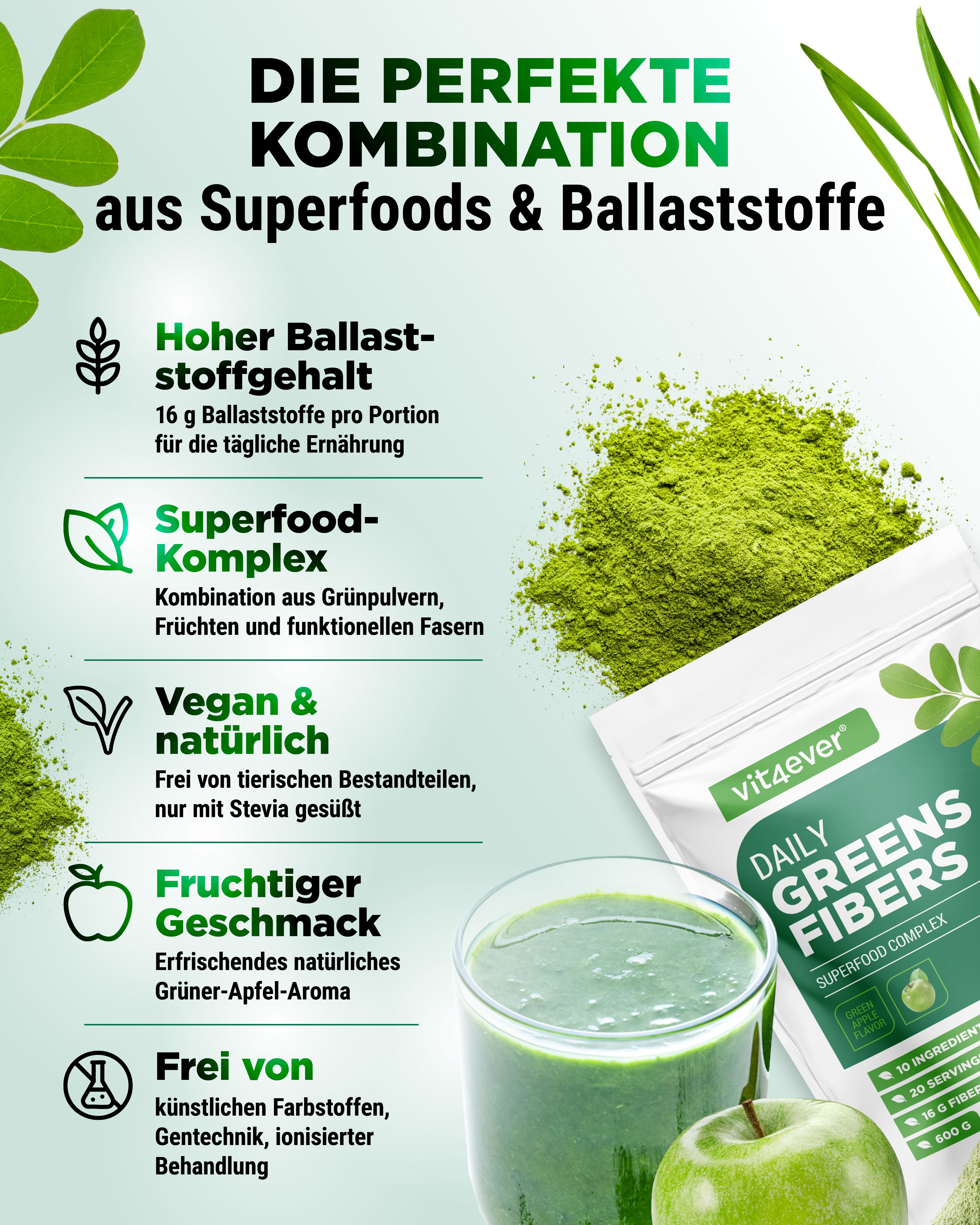 Grafik mit Text und Produkt. Text: "Die perfekte Kombination aus Superfoods & Ballaststoffe". Produktbeutel, Glas mit Getränk, Apfel.