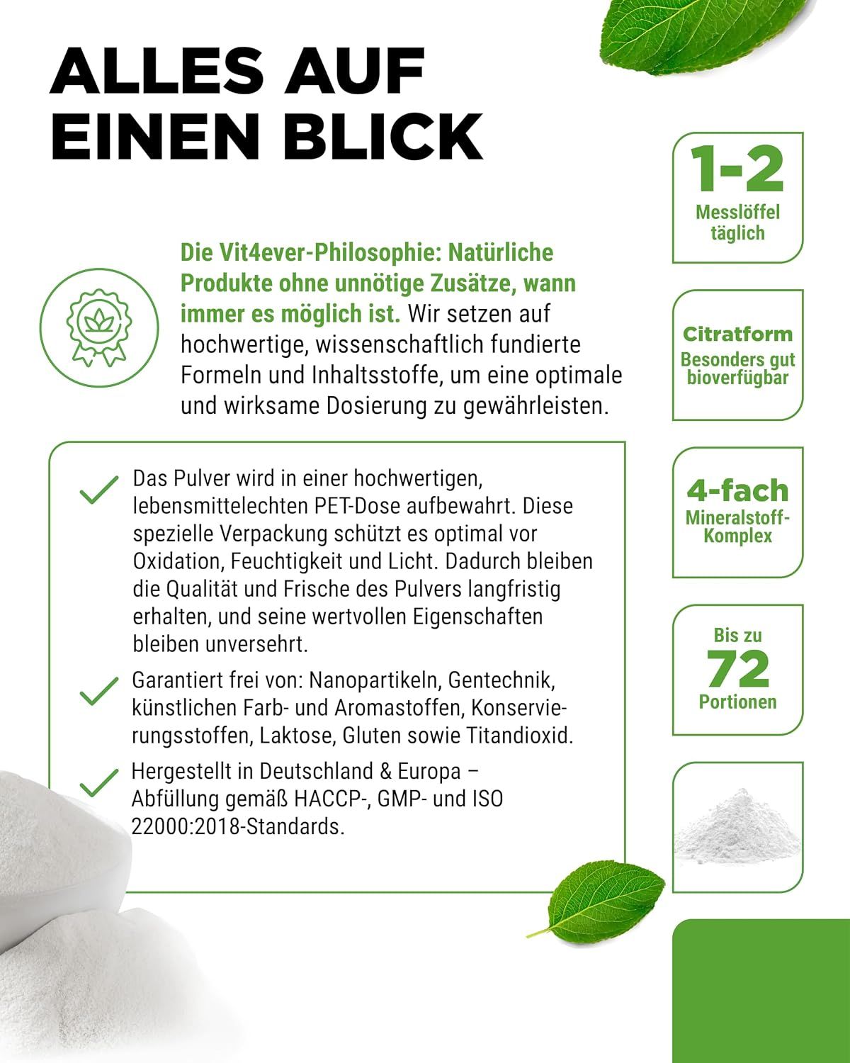 Vit4ever Basenpulver Advanced Dose, 72 Portionen, Citratform, 4-fach Mineralstoff-Komplex.
