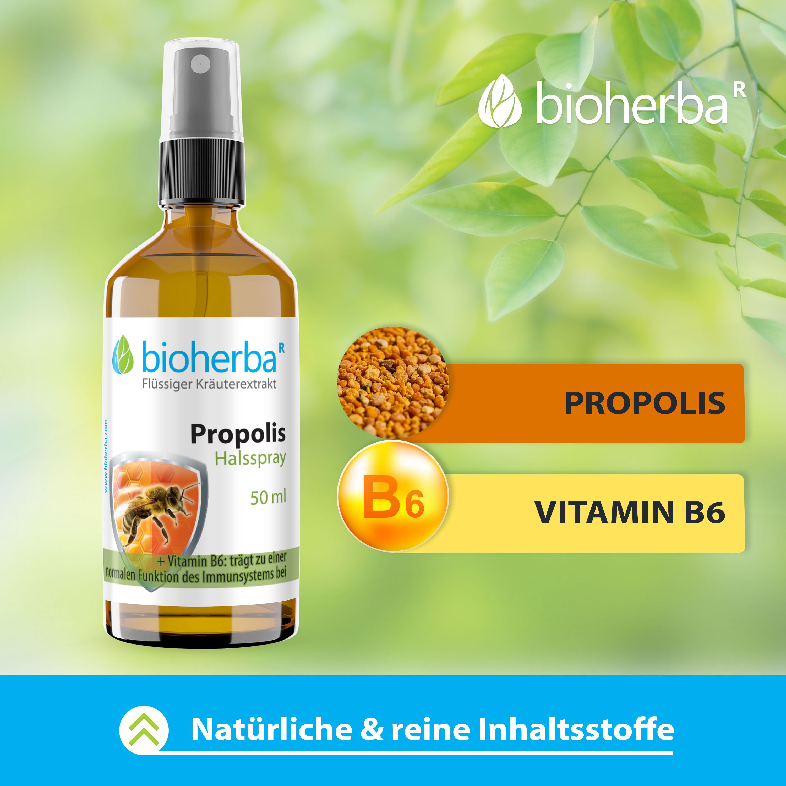 Bioherba Propolis Halsspray, 50 ml. Braune Flasche mit Sprühkopf. Abbildung von Propolis und Vitamin B6. Text: Natürliche & reine Inhaltsstoffe.