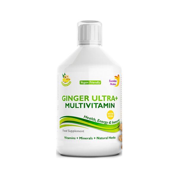 Weiße Flasche mit Etikett. Aufschrift: GINGER ULTRA+ MULTIVITAMIN, Vegan Friendly. Enthält Vitamine, Mineralien und Kräuter.