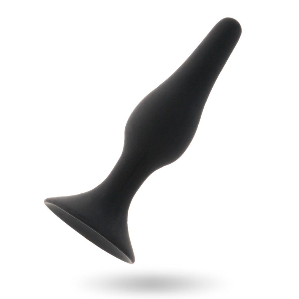 Schwarzer Analplug mit breiter Basis und schlanker, sich verjüngender Form. Aus flexiblem Material.