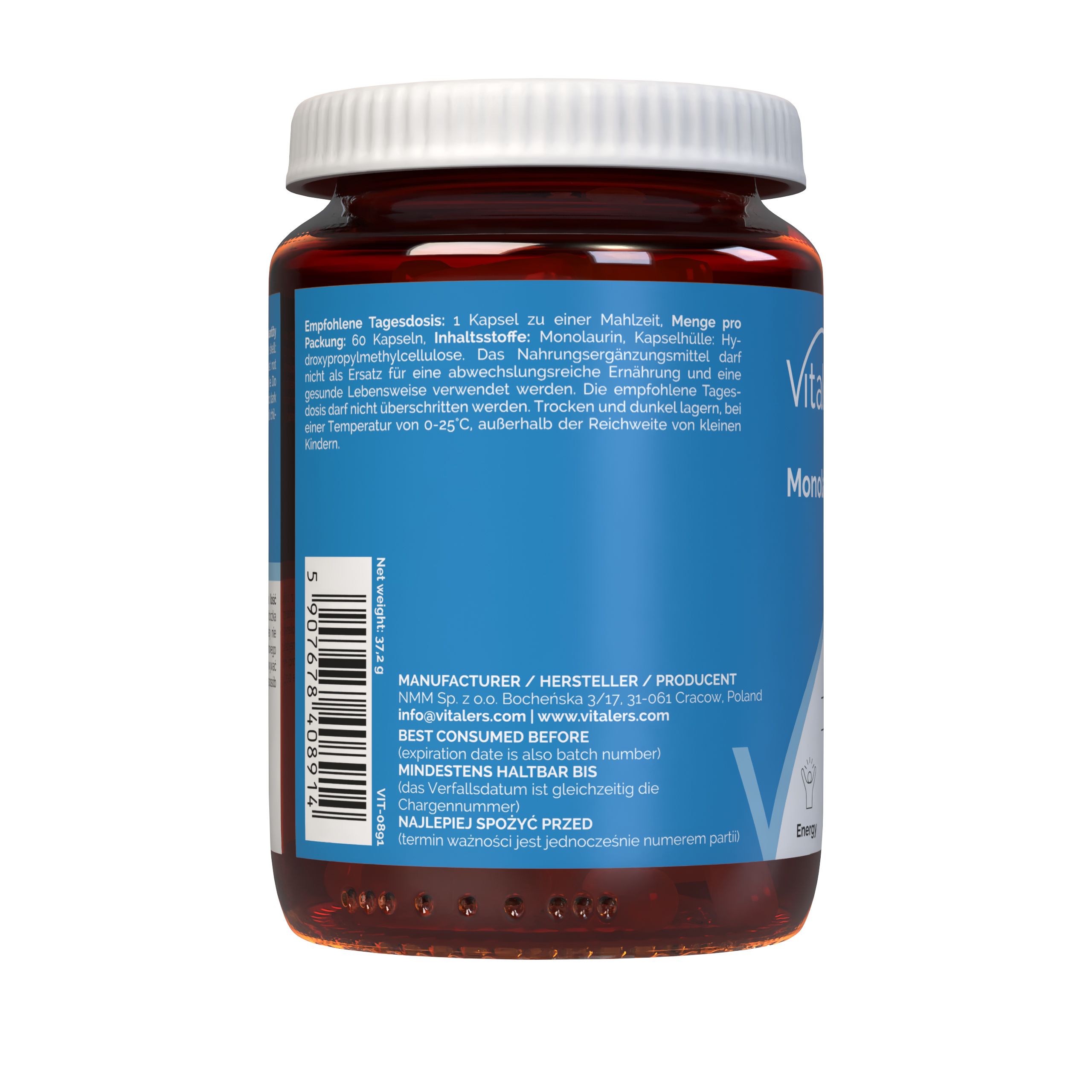 Rückseite Vitalers Monolaurin 500 mg Kapseln. Informationen zu Hersteller, Haltbarkeit und Inhaltsstoffen.