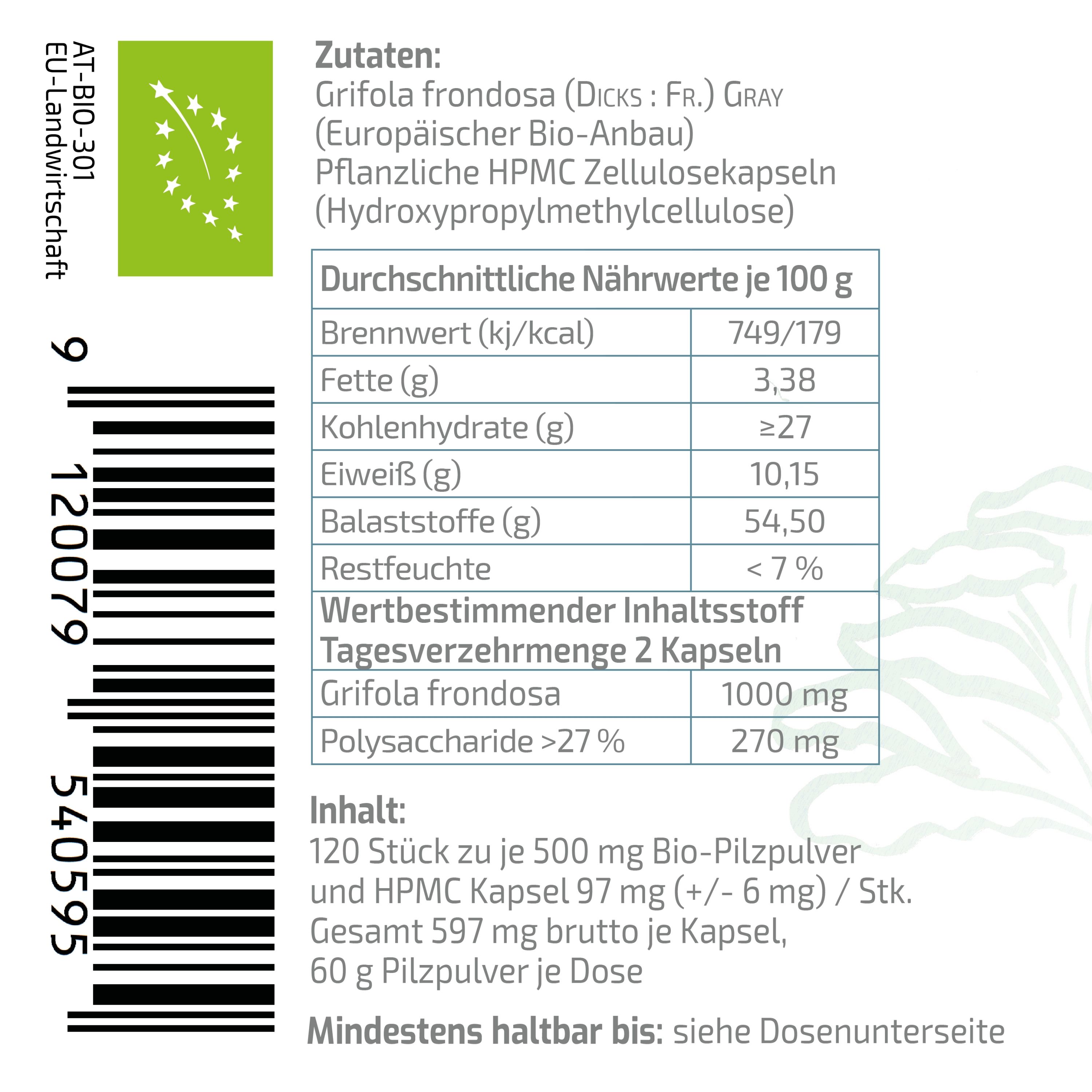 Rückseite der BEAUVITAL® Pure Bio Maitake Kapseln Verpackung mit Nährwertangaben und Bio-Siegeln.