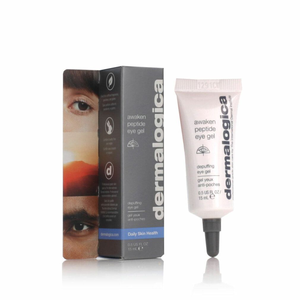 Produktverpackung mit Tube und Schachtel. Tube: awaken peptide eye gel, Dermalogica. Schachtel: Augenabbildungen, Dermalogica.