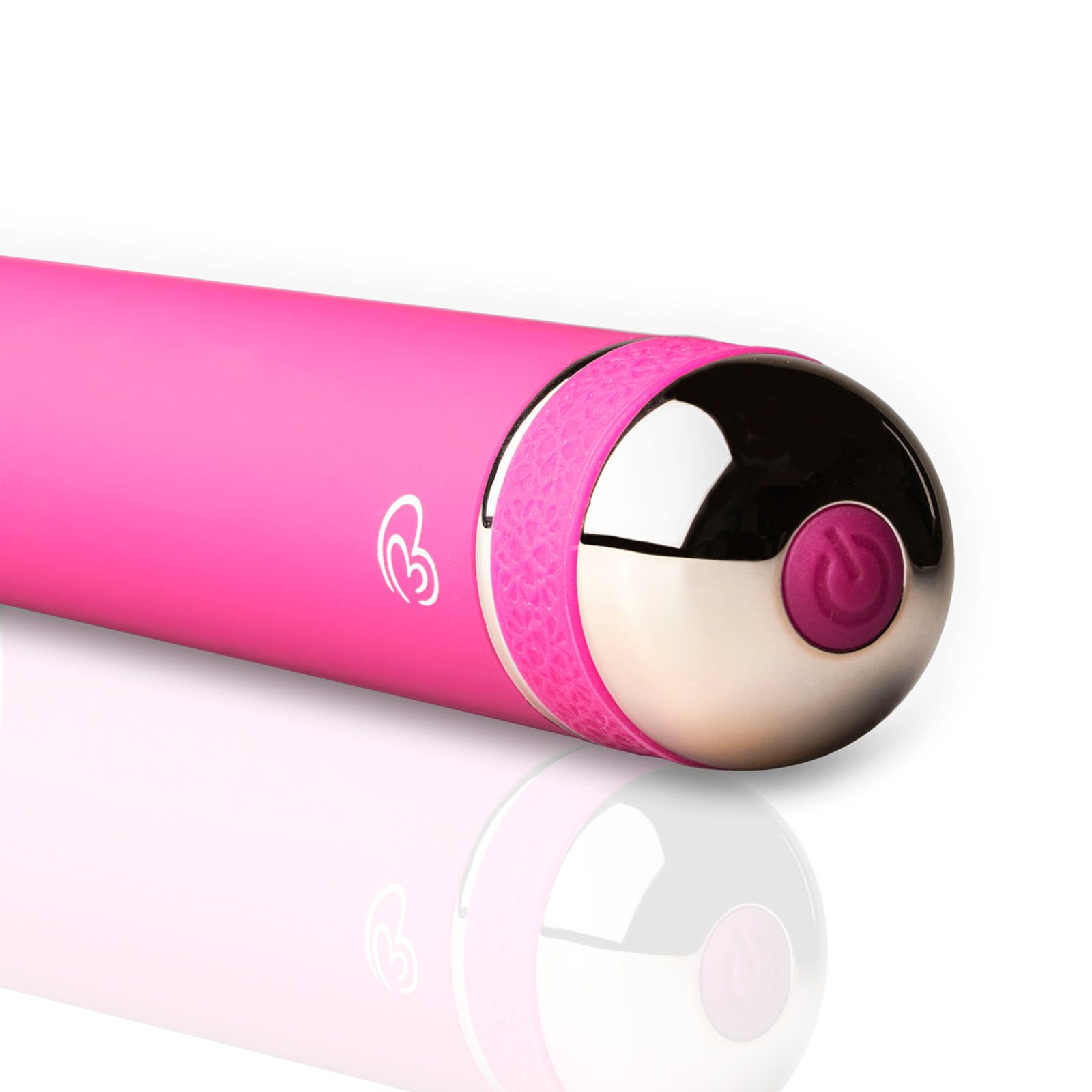 Nahaufnahme des Vibrator-Endes. Pinkfarben, silberfarbener Ring mit Knopf. Logo.