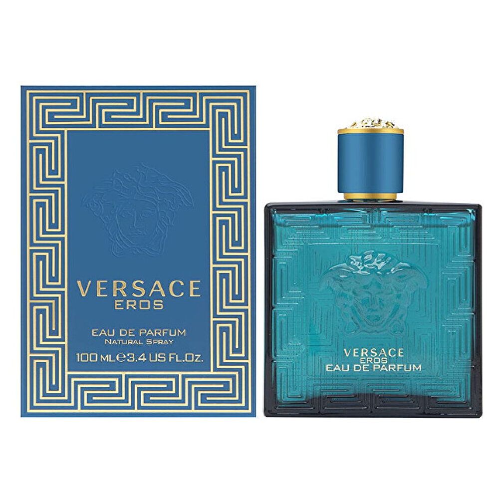 Türkisgrüner Flakon und Schachtel. Flakon quadratisch, Schachtel rechteckig. Aufschrift: VERSACE EROS. Volumenangabe: 100 ml.
