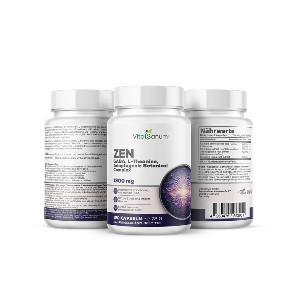 Drei Flaschen VitaSanum ZEN 1300 mg. Weiße Flaschen mit Etiketten. Aufschrift und Illustration. 120 Kapseln.