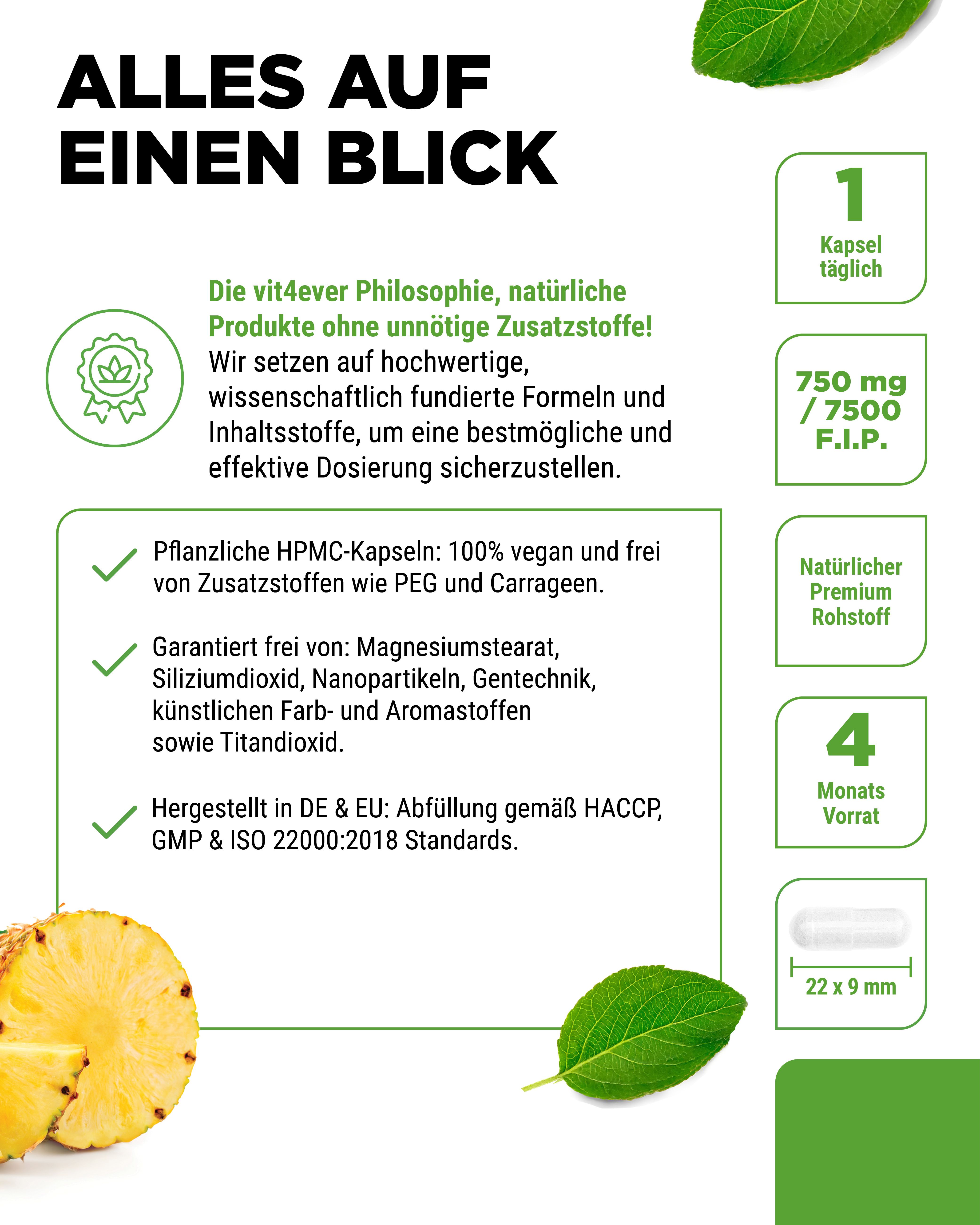 Weißes Flaschendesign mit grünem Etikett. Aufschrift: Bromelain Intenso 750 mg | 7500 F.I.P. 120 Kapseln. Vegan. Ananas-Illustration. Text.