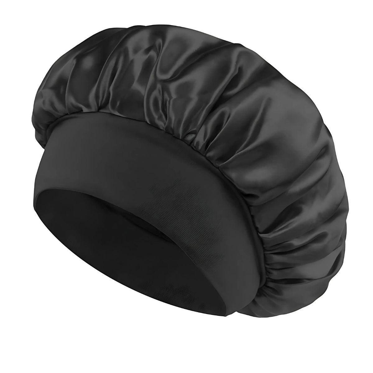 Schwarze Satin-Schlafmütze mit elastischem Bund.