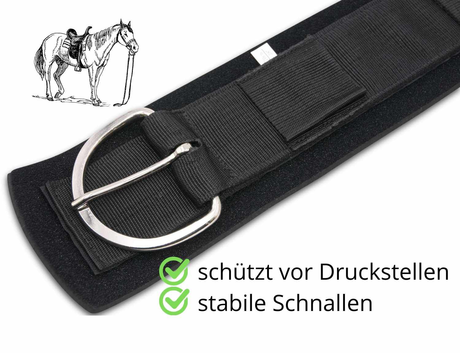Schwarzer Sattelgurt mit Metallschnalle. Text: schützt vor Druckstellen, stabile Schnallen.