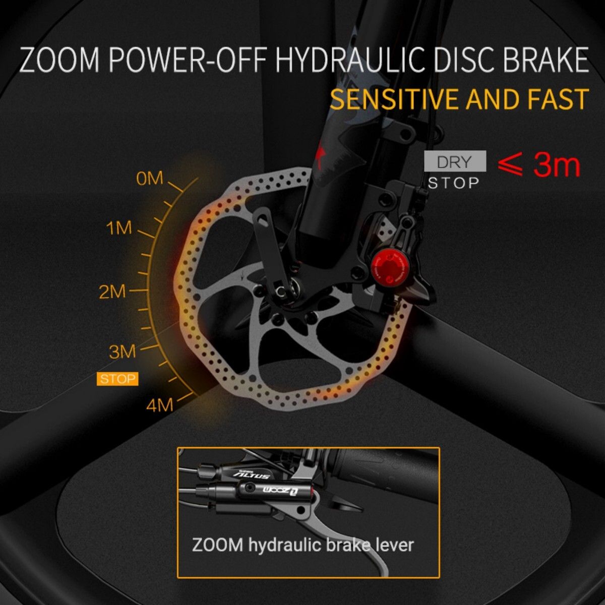 Nahaufnahme der Scheibenbremse eines E-Bikes. Text: ZOOM POWER-OFF HYDRAULIC DISC BRAKE. Bremsscheibe, Bremshebel.