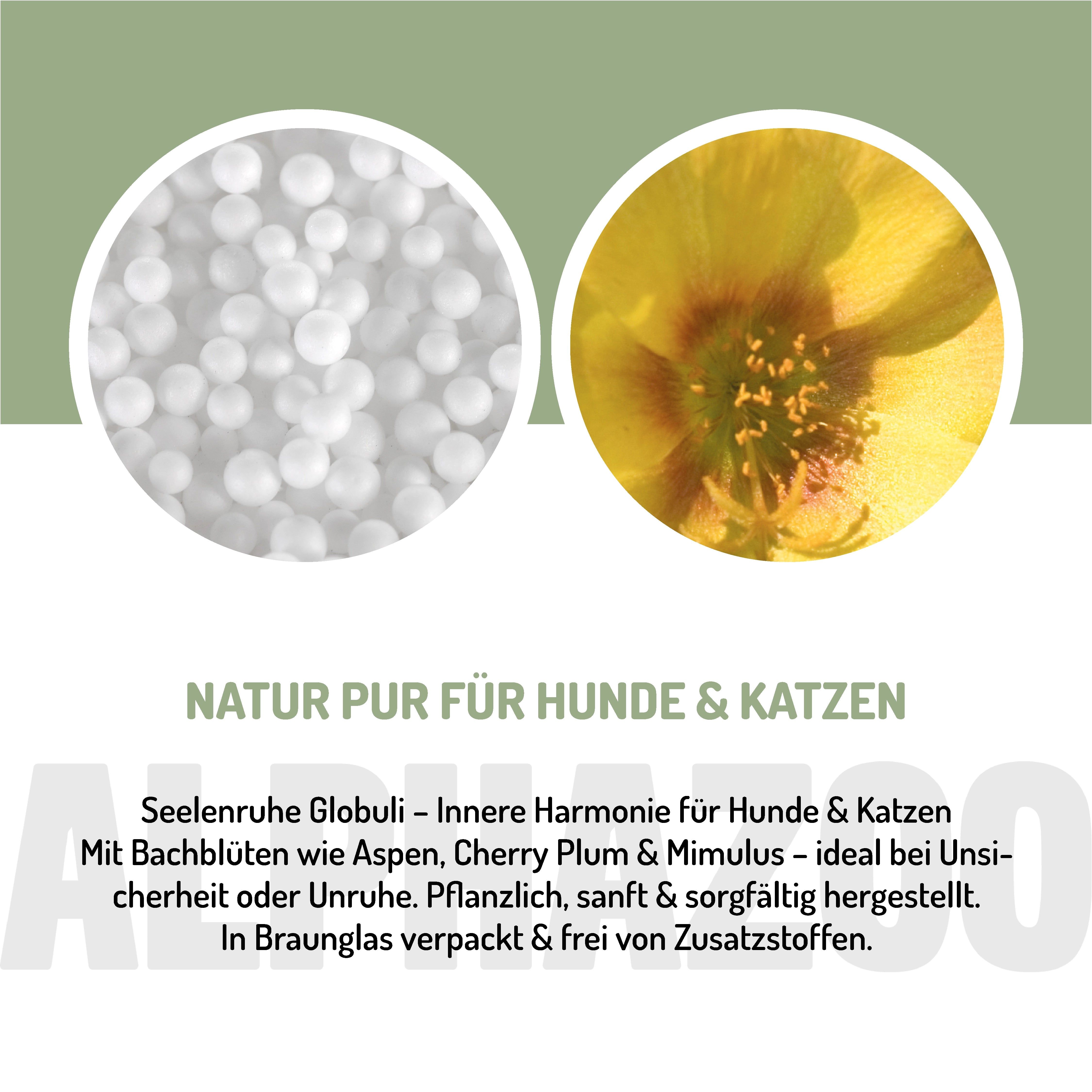 Zwei Kreise mit Inhaltsstoffen: Globuli und gelbe Blüte. Text: Natur pur für Hunde & Katzen. Seelenruhe Globuli - Innere Harmonie.