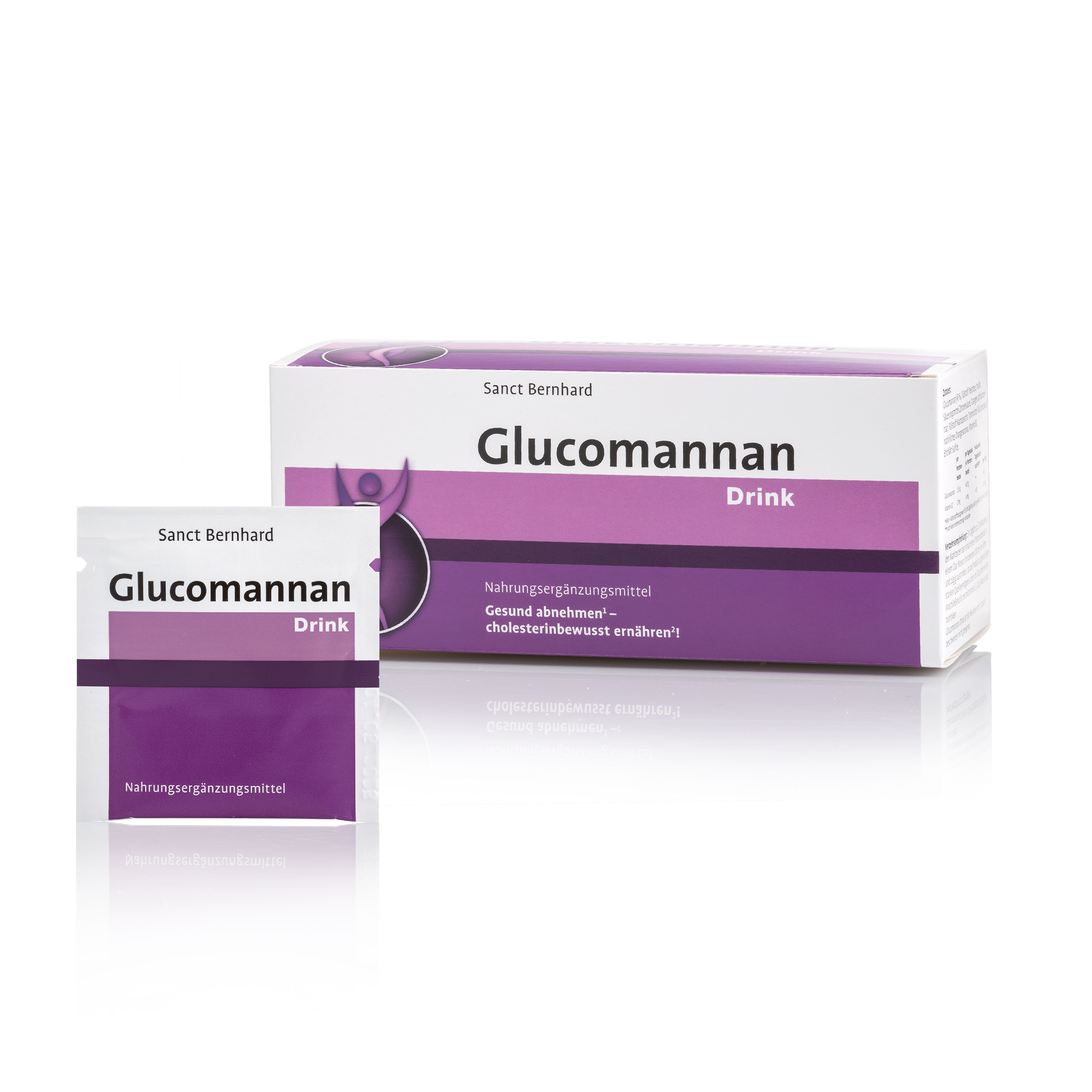 Packung und Einzelbeutel Glucomannan-Drink. Produktname und Logo von Sanct Bernhard. Weiße Verpackung mit lila Akzenten.
