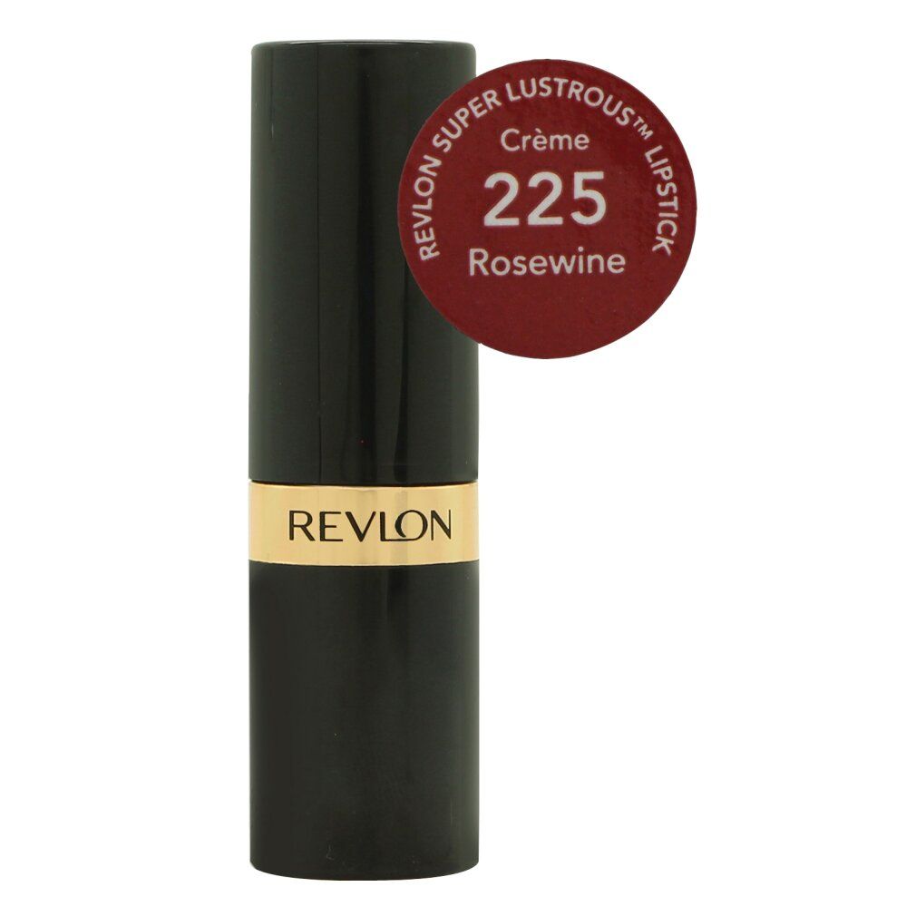 Geschlossener Lippenstift mit Farbmuster. Schwarzer Stift mit goldfarbenem Band und Revlon-Logo. Farbton Rosewine.