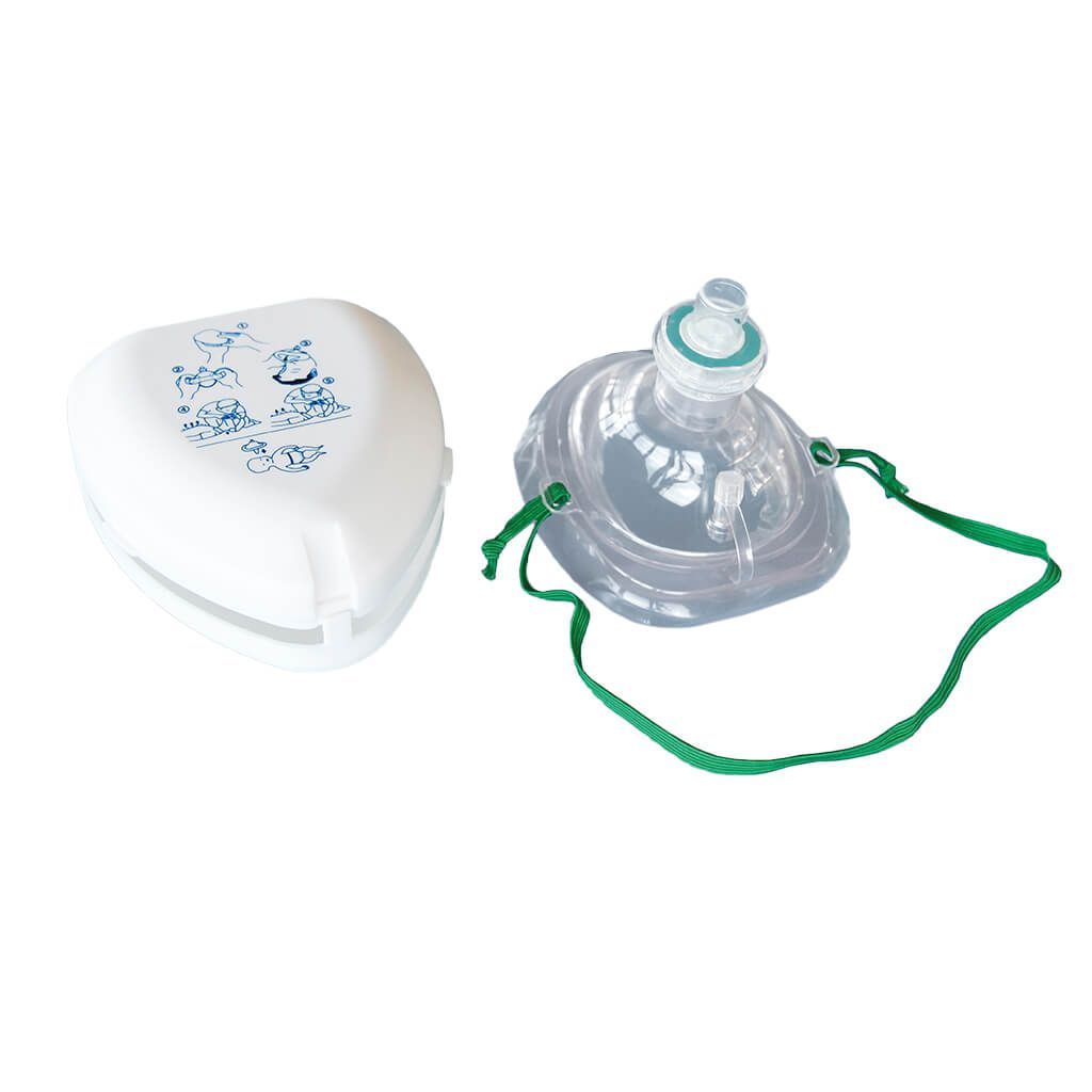 Transparente Beatmungsmaske mit grünem Gurt und separater weißer Box mit blauen Motiven.