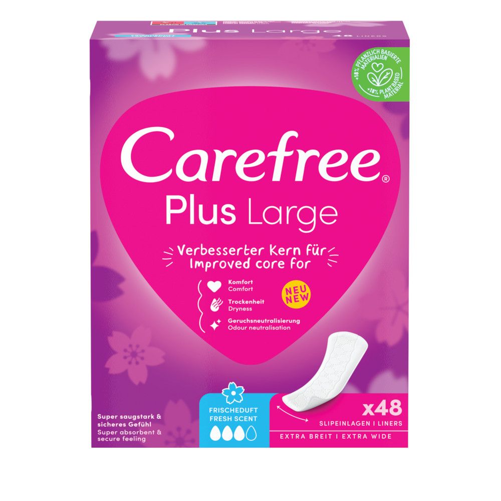 Carefree Plus Large Slipeinlagen Packung. Rosa-weißes Design mit Produktnamen, Inhaltsangabe und x48 Stück. Frischeduft.