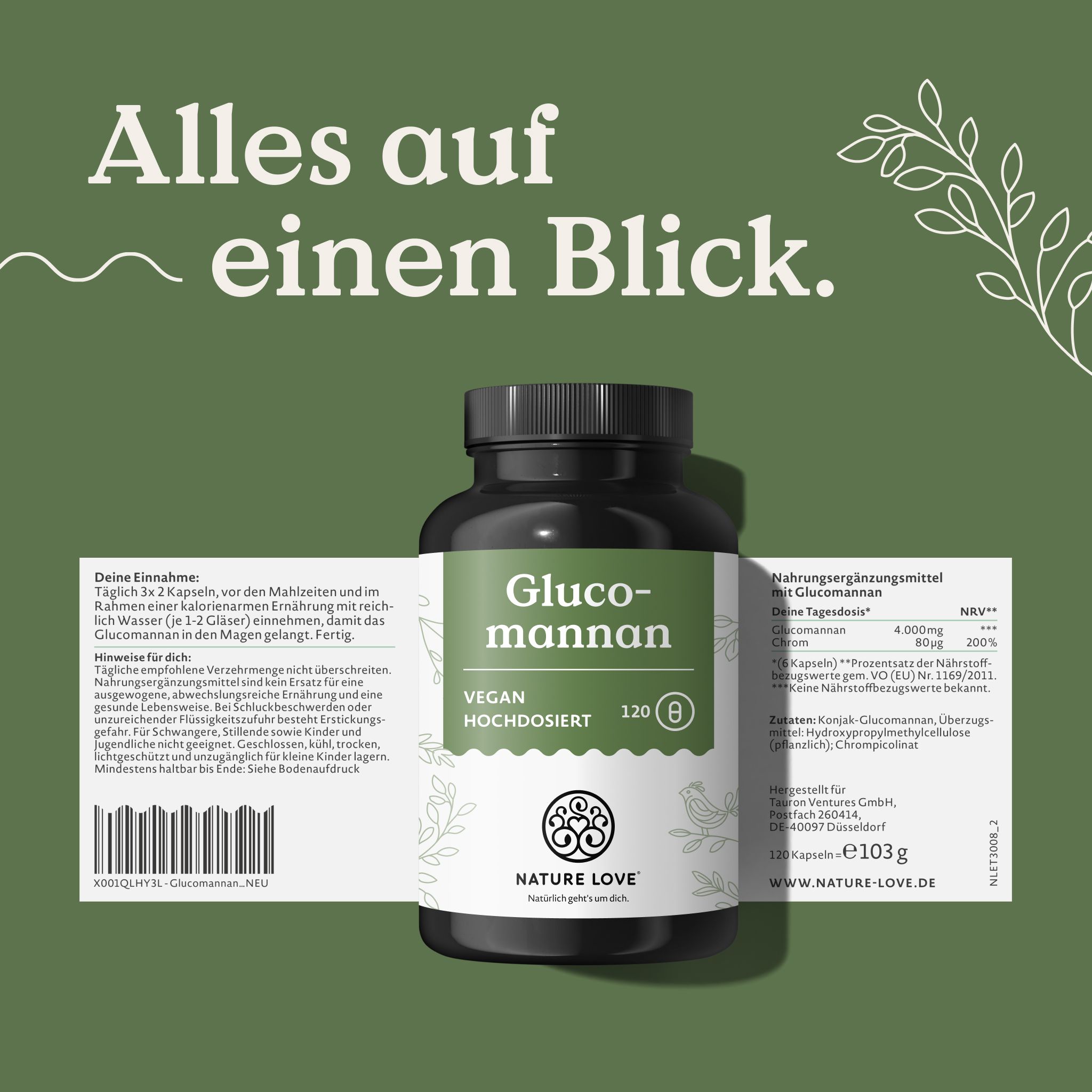 Flasche mit NATURE LOVE Glucomannan Kapseln und detaillierten Produktinformationen auf Etiketten.