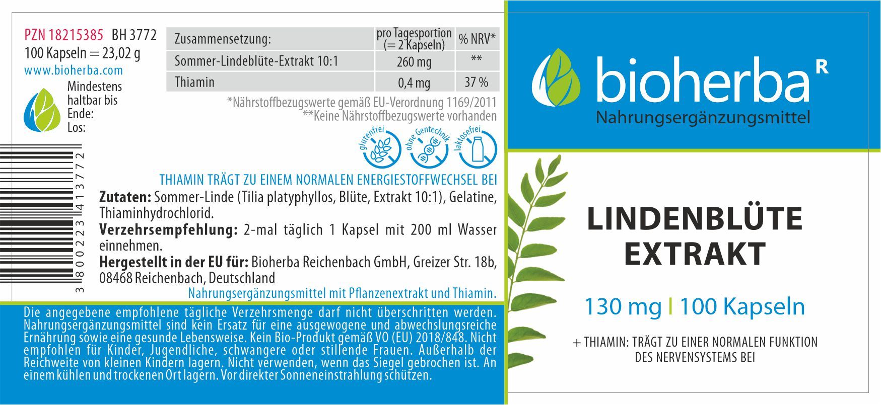 Etikett mit Produktinformationen. Bioherba Lindenblüte Extrakt Kapseln, 100 Kapseln. Inhaltsstoffe, Dosierung, Herstellerangaben und Zertifizierungen.