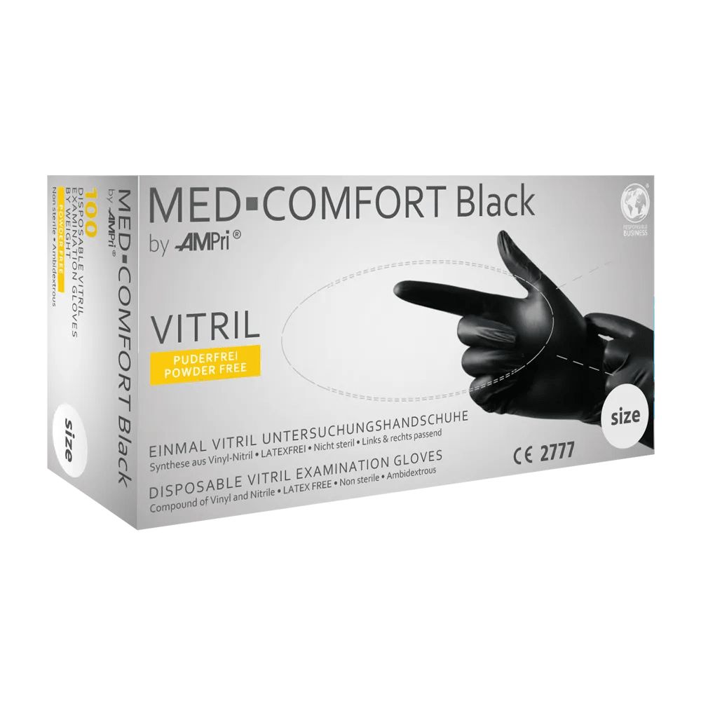 Schwarze Einmal-Vinyl-Nitril-Untersuchungshandschuhe, puderfrei, Marke MED-COMFORT VITRIL.