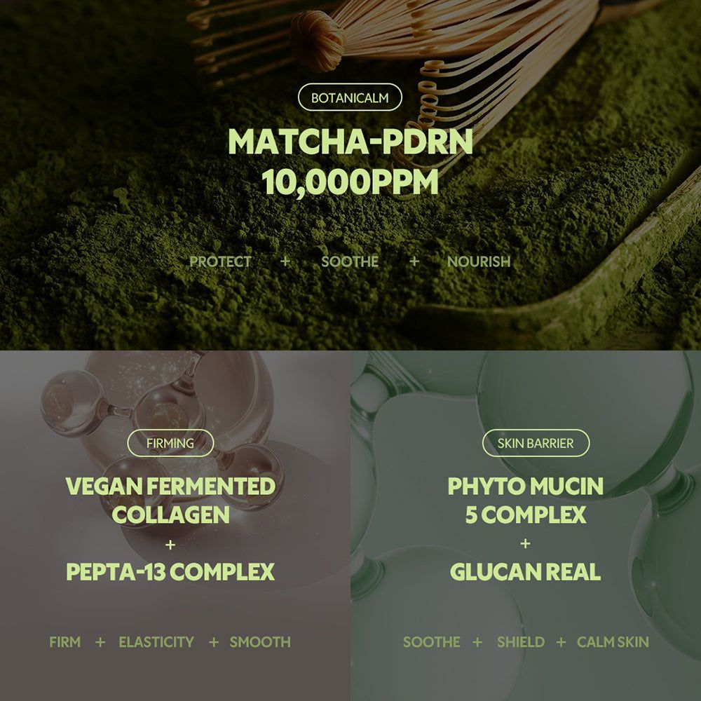 Nahaufnahme von Matcha-Pulver und einem Schneebesen. Text: Matcha-PDRN, 10.000 PPM. Enthält Inhaltsstoffe wie veganes fermentiertes Kollagen.