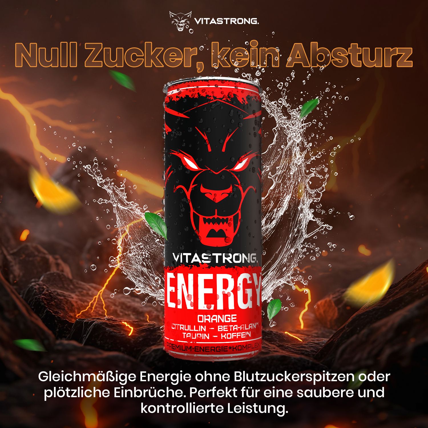 Vitastrong Energy Orange Dose. Abbildung mit Wasser und Orange-Scheiben. Text: Zero Zucker.