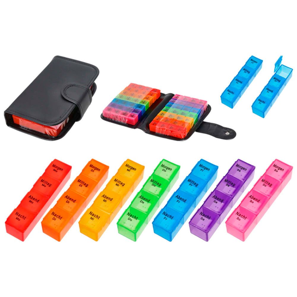 Tablettenboxen in verschiedenen Farben. Schwarzes Etui mit Schnappverschluss. Einzelne Tablettenfächer mit Aufschrift.