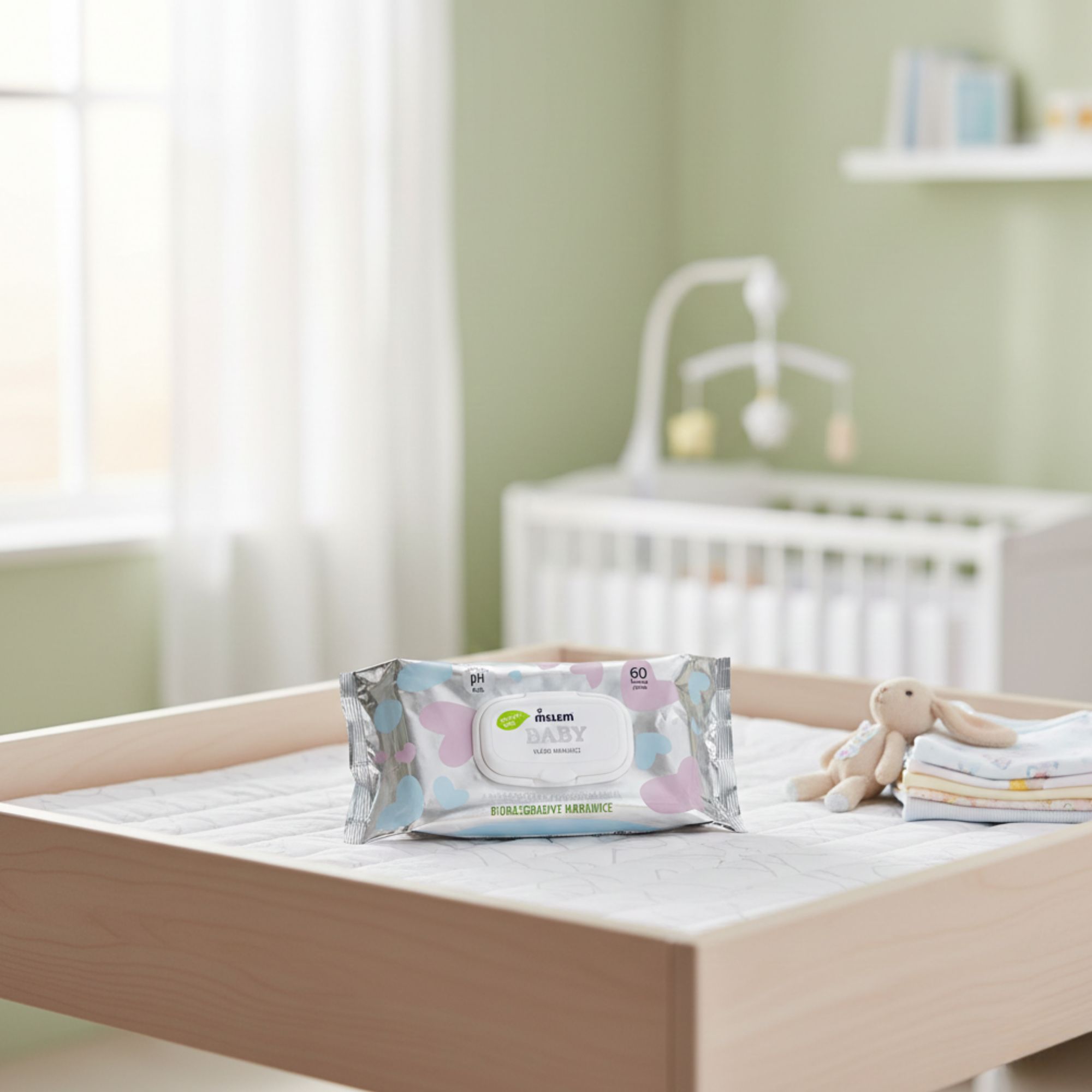 Packung Feuchttücher auf Wickeltisch. Im Hintergrund Babybett und Spielzeug. Aufdruck: Melem Baby.