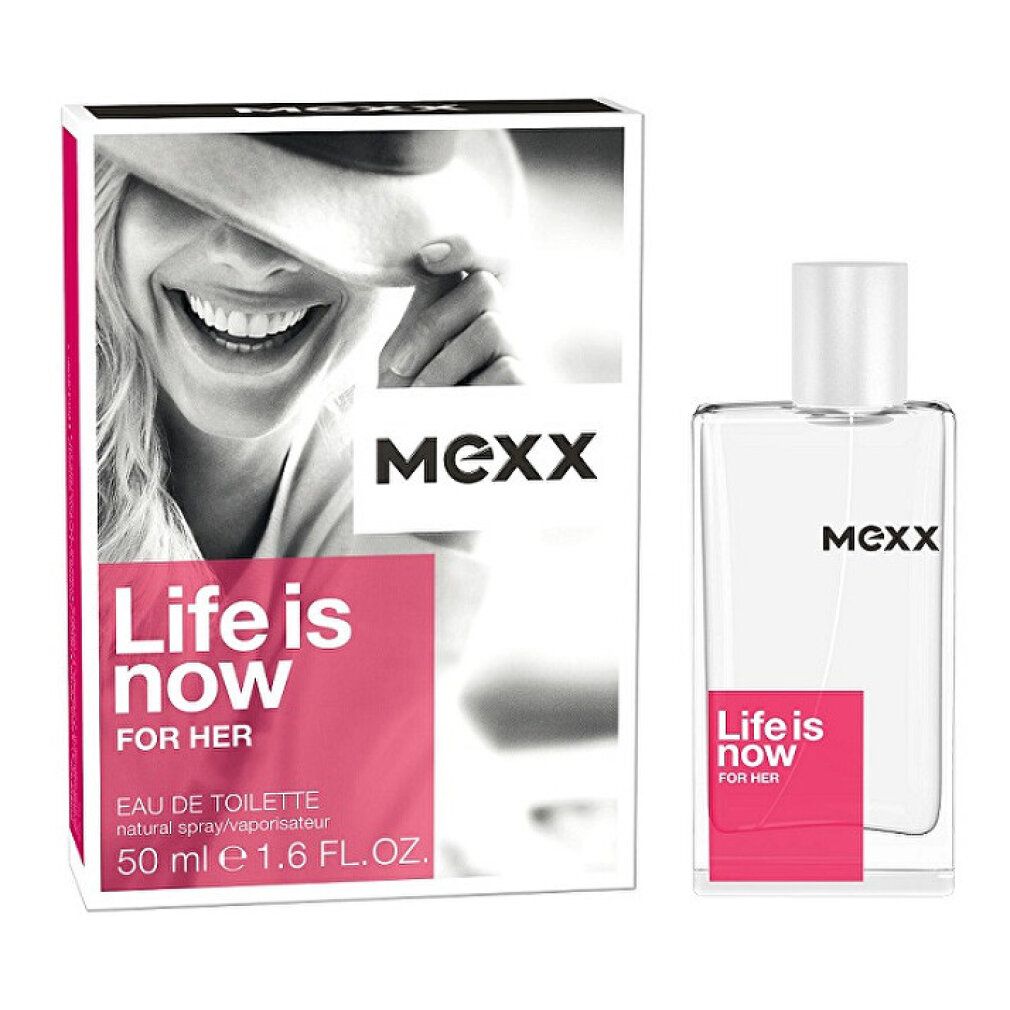 Mexx Life is Now Eau de Toilette Spray für Damen, 50ml Flakon und Verpackung.