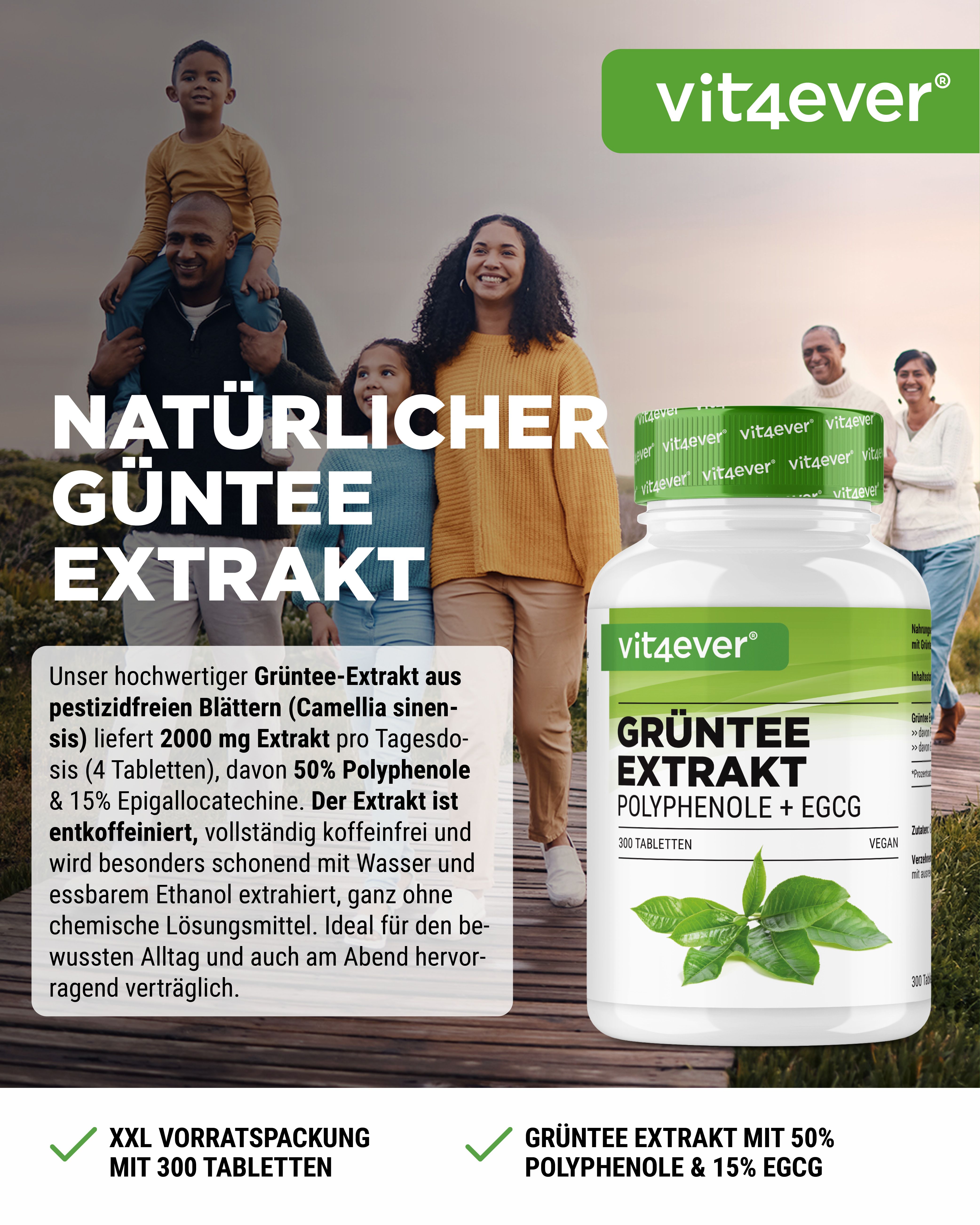 Weißes Flaschendesign mit grünem Etikett. Aufschrift: Grüntee Extrakt, Polyphenole + EGCG. Vegan. Familienfoto im Hintergrund.
