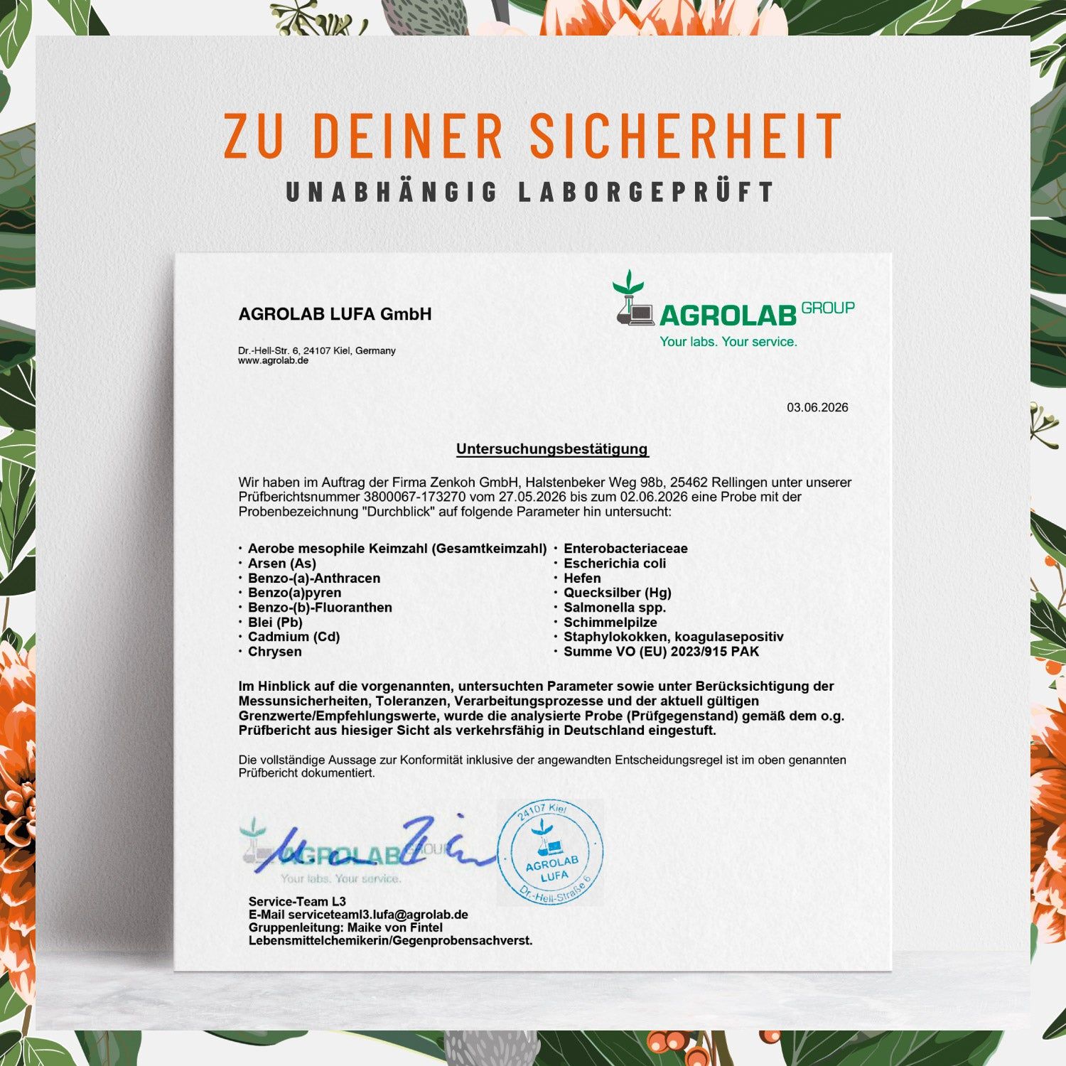 Laborbericht von Agrolab Lufa GmbH für Augenvitamine. Bestätigt Prüfung auf Schwermetalle und Mikroorganismen.