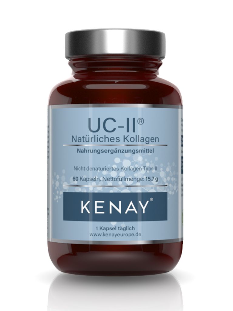 Braune Flasche mit blauem Etikett. Aufschrift: UC-II® Natürliches Kollagen, KENAY®. 60 Kapseln. Nahrungsergänzungsmittel.