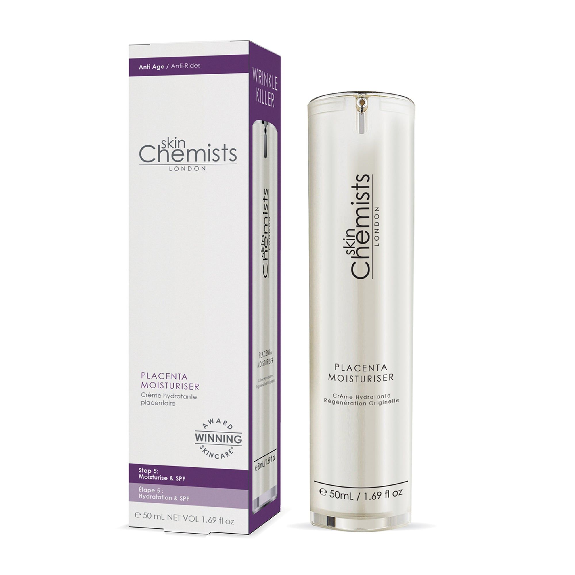 Produktverpackung und Flasche. Auf der Verpackung steht "skinChemists London" und "Plazenta Moisturiser". Flasche: "e 50ml / 1.69 fl oz".