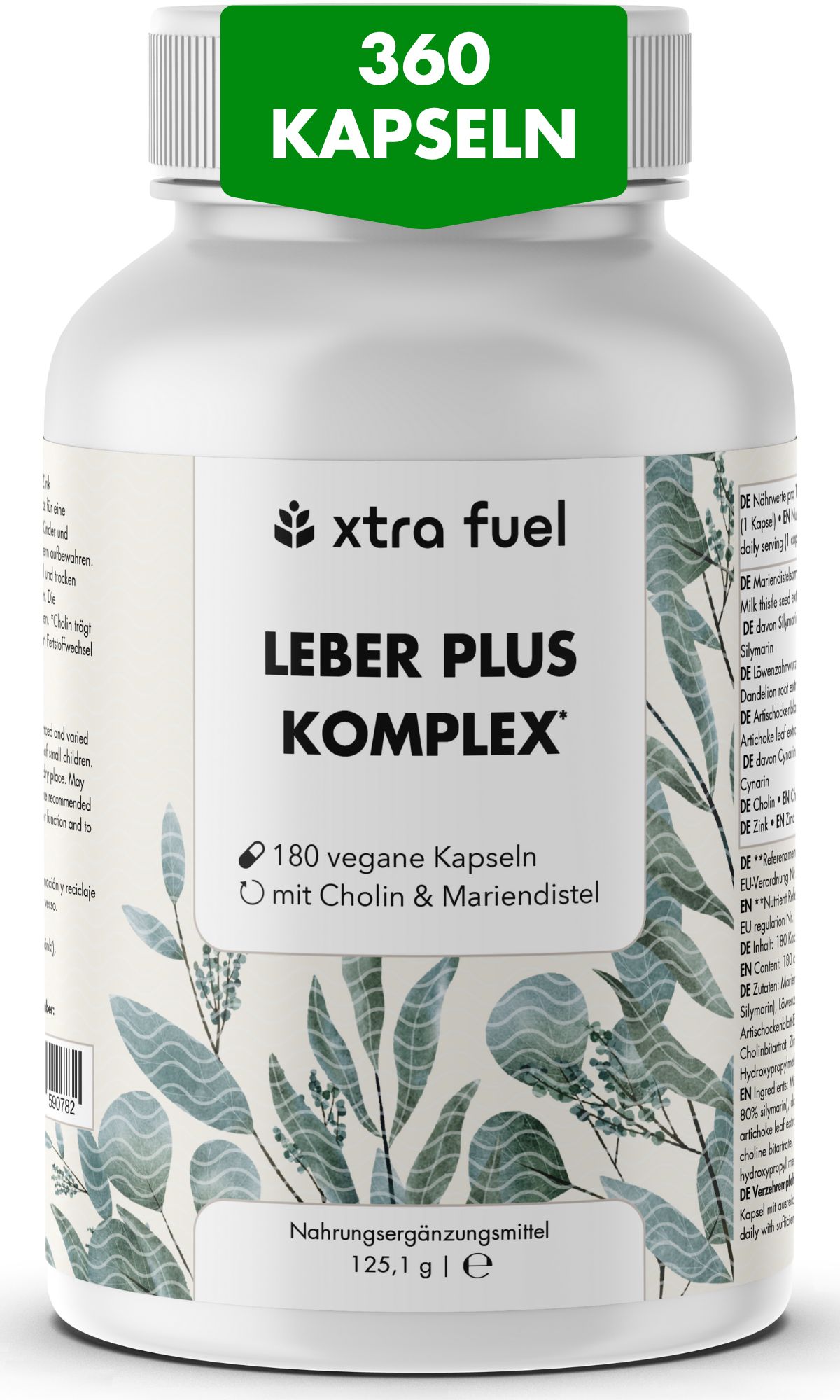 Weißes Flasche mit Kapseln. Aufschrift: LEBER PLUS KOMPLEX, 360 Kapseln. Grün-weiße Etikett mit Pflanzenmotiven.