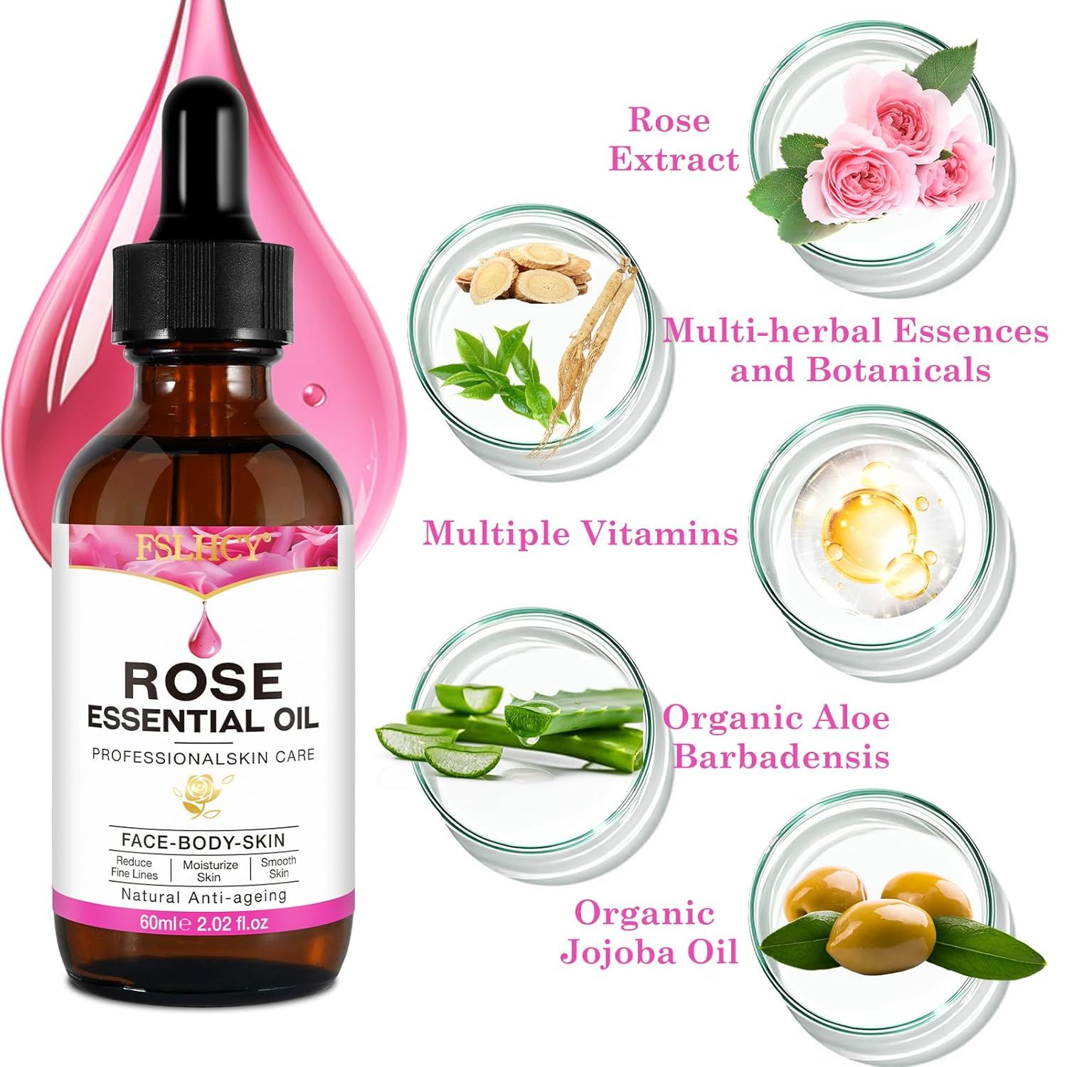 Braune Glasflasche mit Tropfer und Etikett. Aufschrift: ROSE ESSENTIAL OIL. Inhaltsstoffe: Rosenextrakt, Vitamine, Aloe Vera, Jojobaöl.